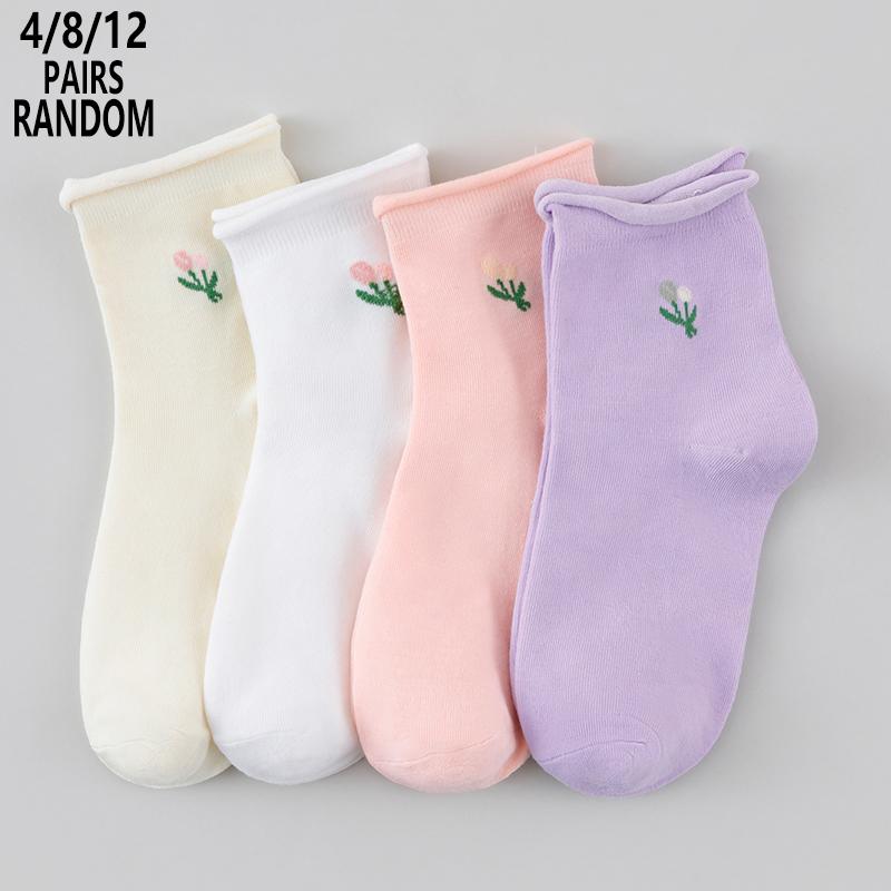 Cotton Crew Sock Pack - 4/8/12 Paket Kaus Kaki Wanita Motif