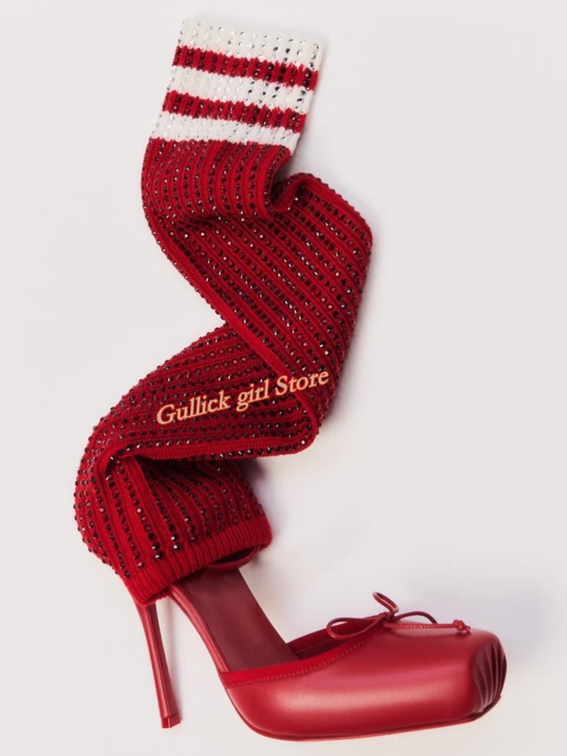 Knee High Sock Women - Sepatu Boots Rajut Merah Model Square